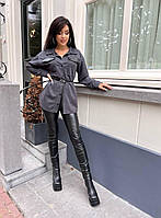 Стильна тепла сорочка зі вставками зі шкіри із замші