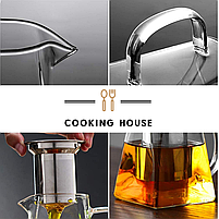 Скляний чайник заварник Cooking House 550 мл - прозорий заварник із фільтром для чаю та металевою кришкою., фото 8