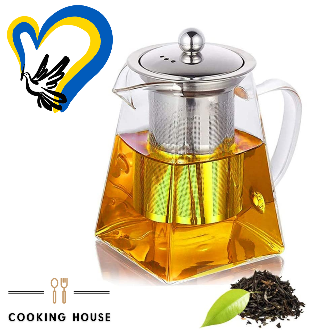 Скляний чайник заварник Cooking House 550 мл - прозорий заварник із фільтром для чаю та металевою кришкою.