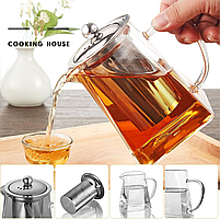 Скляний чайник заварник Cooking House 550 мл - прозорий заварник із фільтром для чаю та металевою кришкою., фото 9
