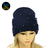 Женская шапка из ангоры с бусинами - Николь - Темно-синий