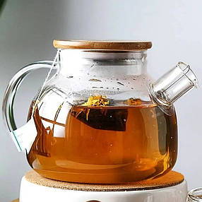 Заварювальний скляний чайник з бамбуковою кришкою для плити 1л, фото 2