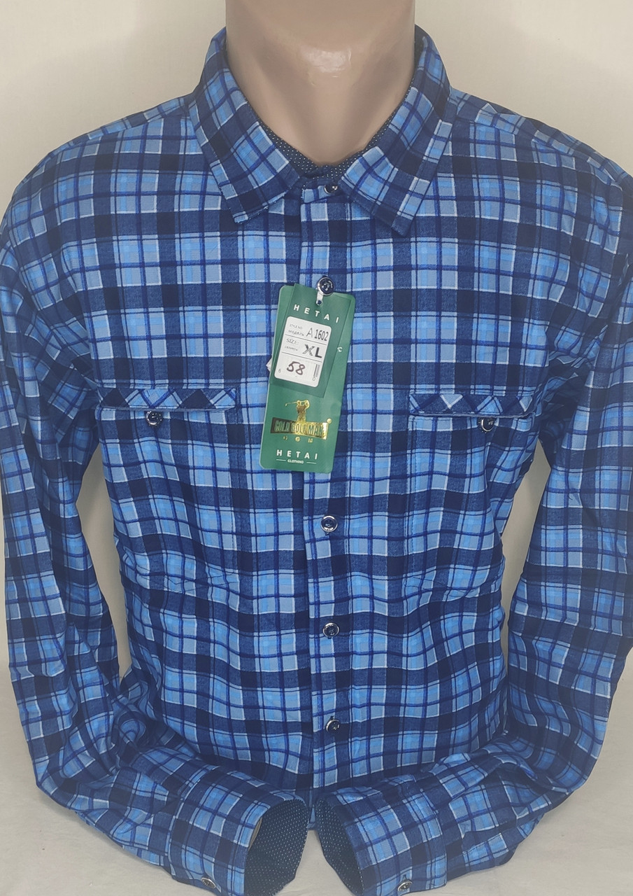Сорочки чоловічі на флісі Hetai vd-0058 синя картата чоловіча сорочка, чоловіча сорочка тепла на зиму XXL