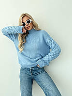 Женский вязаный свитер с объемными рукавами и воротником стойкой в фасоне оверсайз (р. 42-46) 4043011 Голубой