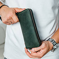 Чоловічий шкіряний гаманець, місткий гаманець із відділеннями на блискавці, Crazy Horse, зелений