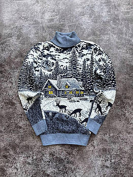 Чоловічий новорічний светр із оленями та будиночками блакитний із горлом вовняний