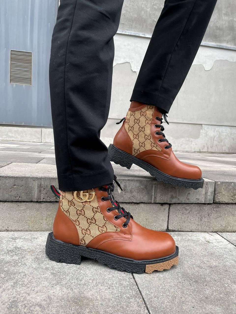 Жіночі зимові черевики Gucci Boots Ginger Fur (коричневі) висока шнурівка хутро art Gc002 vkross, фото 1