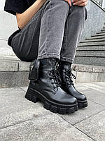 Женские ботинки Prada Boots Black (чёрные) стильные осенние сапоги на платформе с карманами PR003 топ