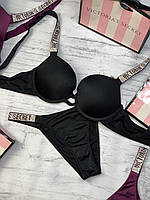 Комплект женского нижнего белья Victoria's Secret со стразами Виктория Сикрет  - размер 75B - Черный