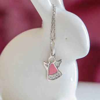 Срібний кулон янголятко з рожевою емаллю та фіанітами