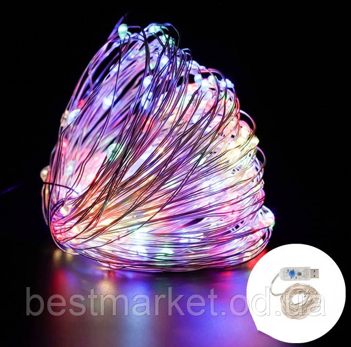 Світлодіодна Гірлянда Нитка Роса 100Led 10 м Мульти від USB, фото 1