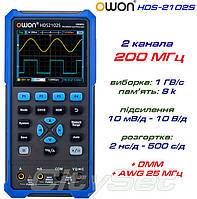 HDS2202S портативний осцилограф OWON, 2 х 200МГц, +AWG, +DMM, вибірка: 1ГВ/с, пам'ять: 8кб, дисплей: 3.5''