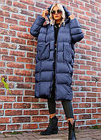 Женское зимнее удлиненное пальто оверсайз из плащевки хаки темно синее