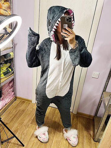 Купить Пижама теплая Кигуруми Акула Серая Для взрослых и детей размер ...