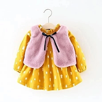 Детское теплое платье с меховой жилеткой зимнее желтый 80-98 см