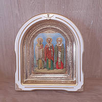 Ікона Василя Великого, Іоанна Золотоуста, Григорія Богослова, лик 15х18 см, у білому кіоті зі вставками, арка