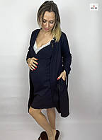 Комплект жіночий теплий халат на запах з нічний для вагітних і мам, що годують мереживо темно-синій р.44-54