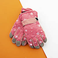 Перчатки болоневые лыжные подростковые с мехом на липучке со звездами (арт. 22-12-46) розовый