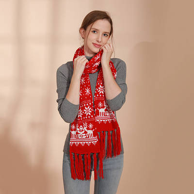 В'язаний шарф новорічний зимовий зі сніжинками та оленями 160*16 см