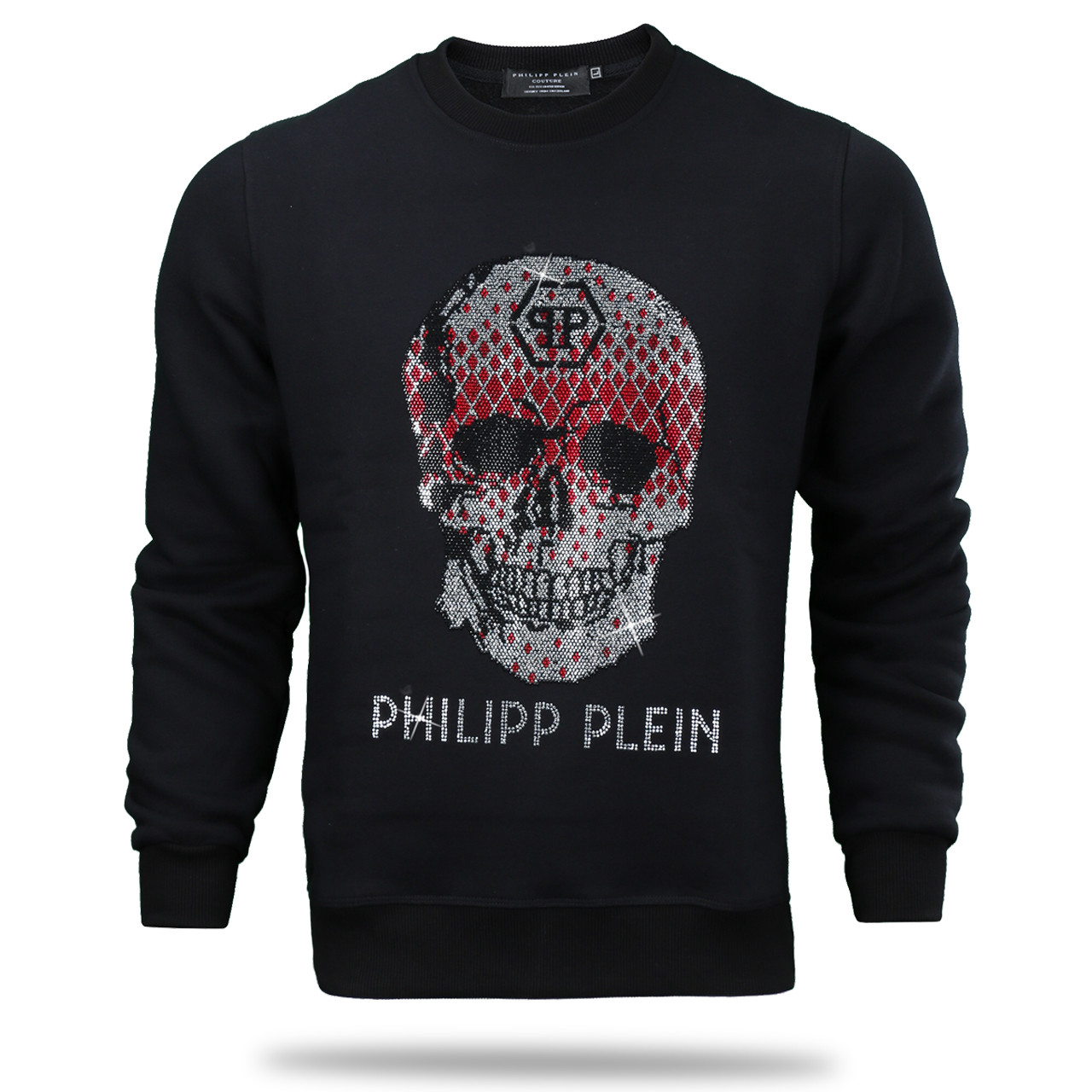 Світшот осінь-зима чоловічий чорний PHILIPP SLEIN #59 зі стразами червоними BLK L (Р) 22-514-003 L, нове, Тринитка з начосом