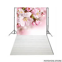 Фотофон вініловий стіна-підлога Рожеві квіти і дерев'яна підлога