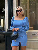 Красивое женское платье с поясом Ткань креп-костюмка Цвет чёрный голубой молоко Размеры 42, 44, 46