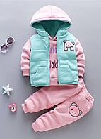 Детский утепленный костюм тройка, спортивный костюм для девочки розовый, детский теплый спортивный костюм
