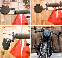 Мотодзеркала в  руль торець (пара) універсальні в ретро стилі круглі (чорні металеві) складаються D=80мм, винос-125мм