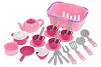 Детский игровой кухонный набор посуды 19 предметов 7181TXK с корзинкой  игрушечная посуда