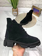 Кожаные демисезонные ботинки из натуральной кожи/замши, ботинки женские натуральная кожа черный замша, 36