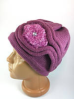 Шапка жіноча зимова в'язана подвійна тепла з квіткою Осінні жіночі шапки фіолетова