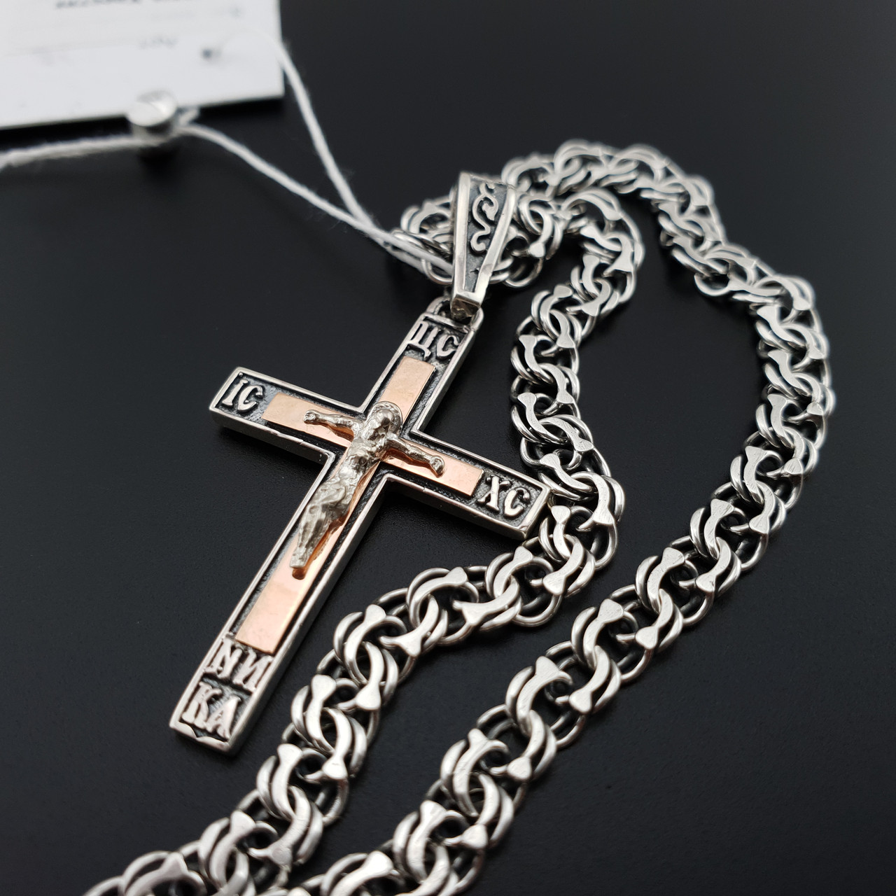 Срібна цепочка Бісмарк з хрестиком із золотою пластиною. Чорнений ланцюжок 55 см, фото 1