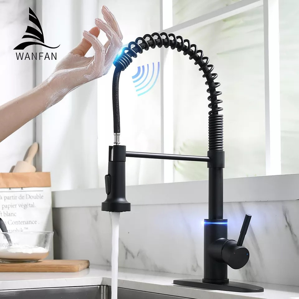 Змішувач сенсорний висувний кухонний WanFan, пружинний кран обертається на 360 градусів, Чорний(єВідновлення)