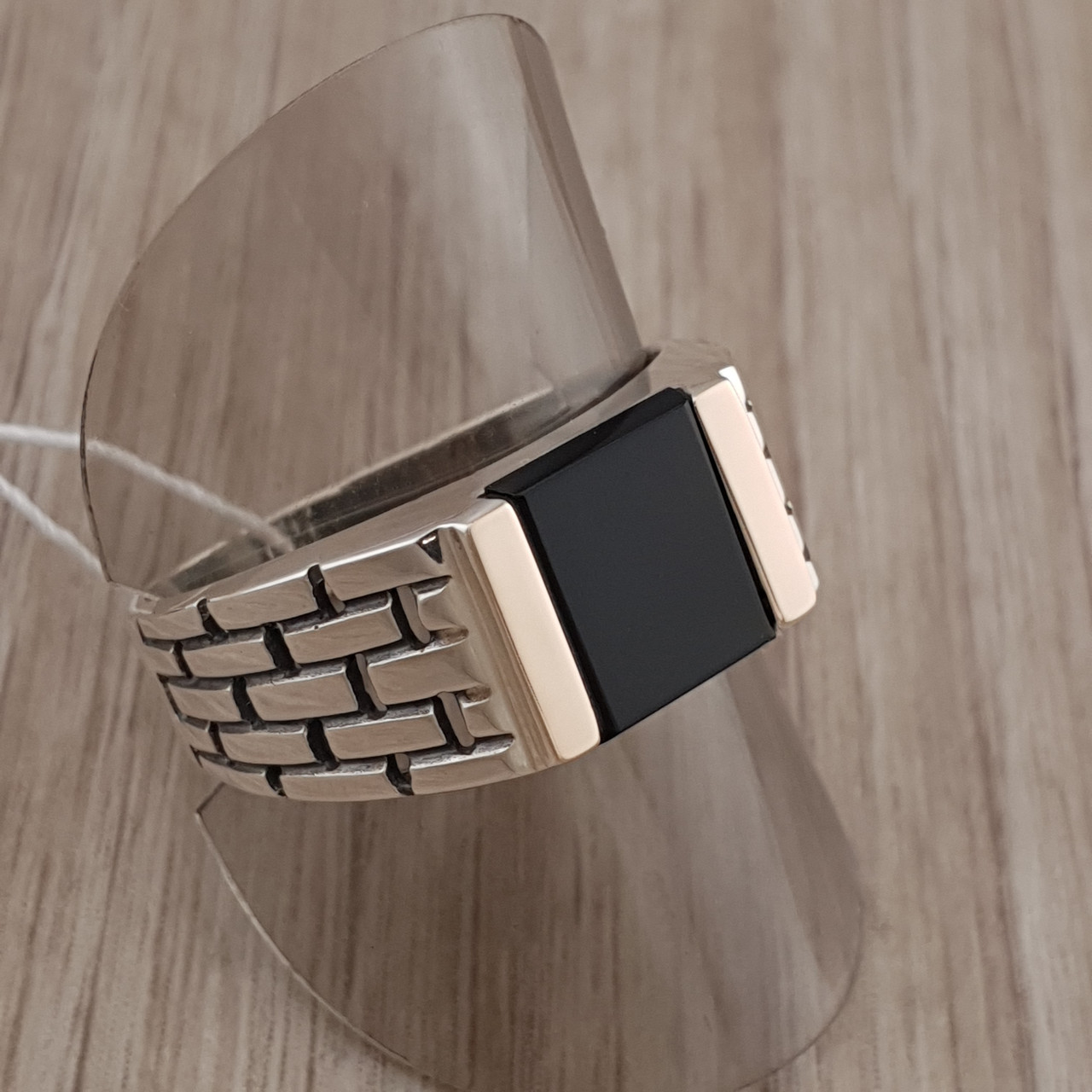 Срібна печатка чоловіча із золотою пластиною 375. Каблучка срібна чоловіча з золотом. 20 розмір, фото 1