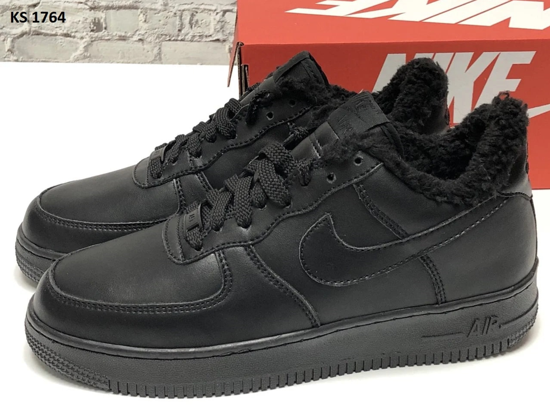 Кросівки чоловічі зимові Nike Air Force 1 Black Winter Найк Форс чорні шкіряні з хутром утеплені короткі