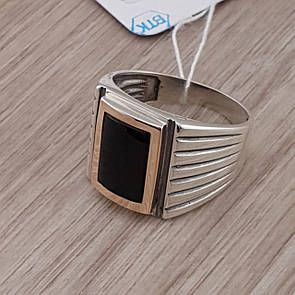 Срібний перстень з чорним каменем чоловічий. Кільце з золотою напайкою. 20.5