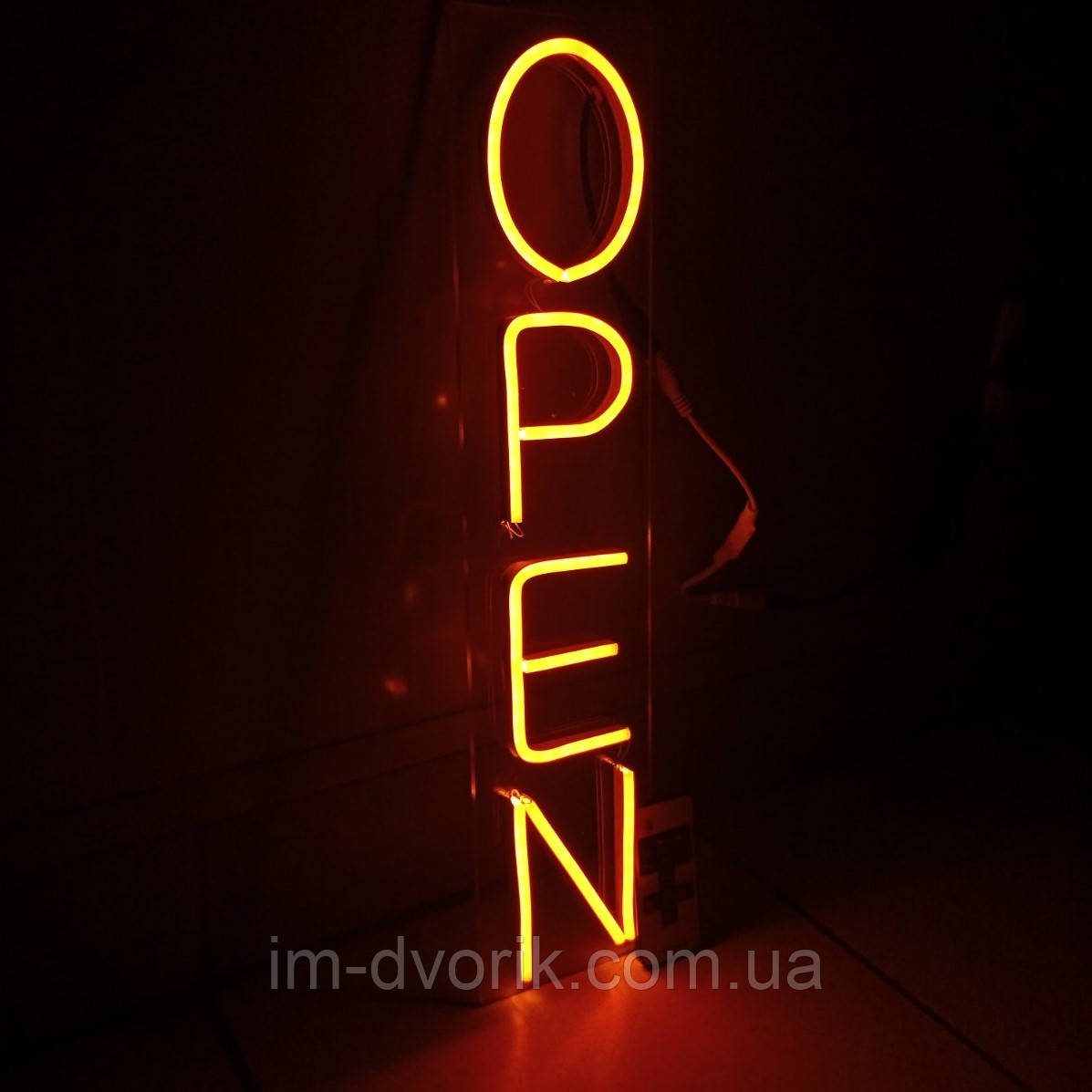 Неонова вивіска Open (відчинено) 450х100 мм жовта з блоком живлення та пультом