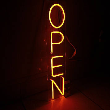 Неонова вивіска Open (відчинено) 450х100 мм жовта з блоком живлення та пультом