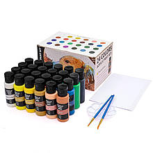 Набір акрилових фарб Acrylic Paint Set 24 баночки по 59 мл, папір для малювання, палетка та пензлики 2 штуки Хіт!