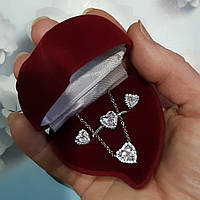 Оригинальный подарок девушке набор "Алмазные сердечки в белом золоте" колье серьги кольцо в бархатном футляре