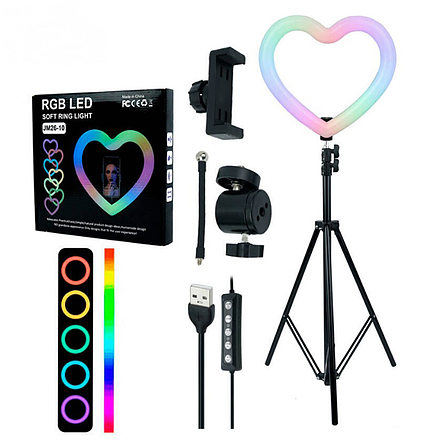 Кільцева лампа Серце 26 см RGB JM26-10 кольорова + штатив 2,1м, фото 1
