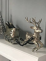 Статуэтка сувенир новогодний «Олень с санками» 66х40х15 см металл серебристый