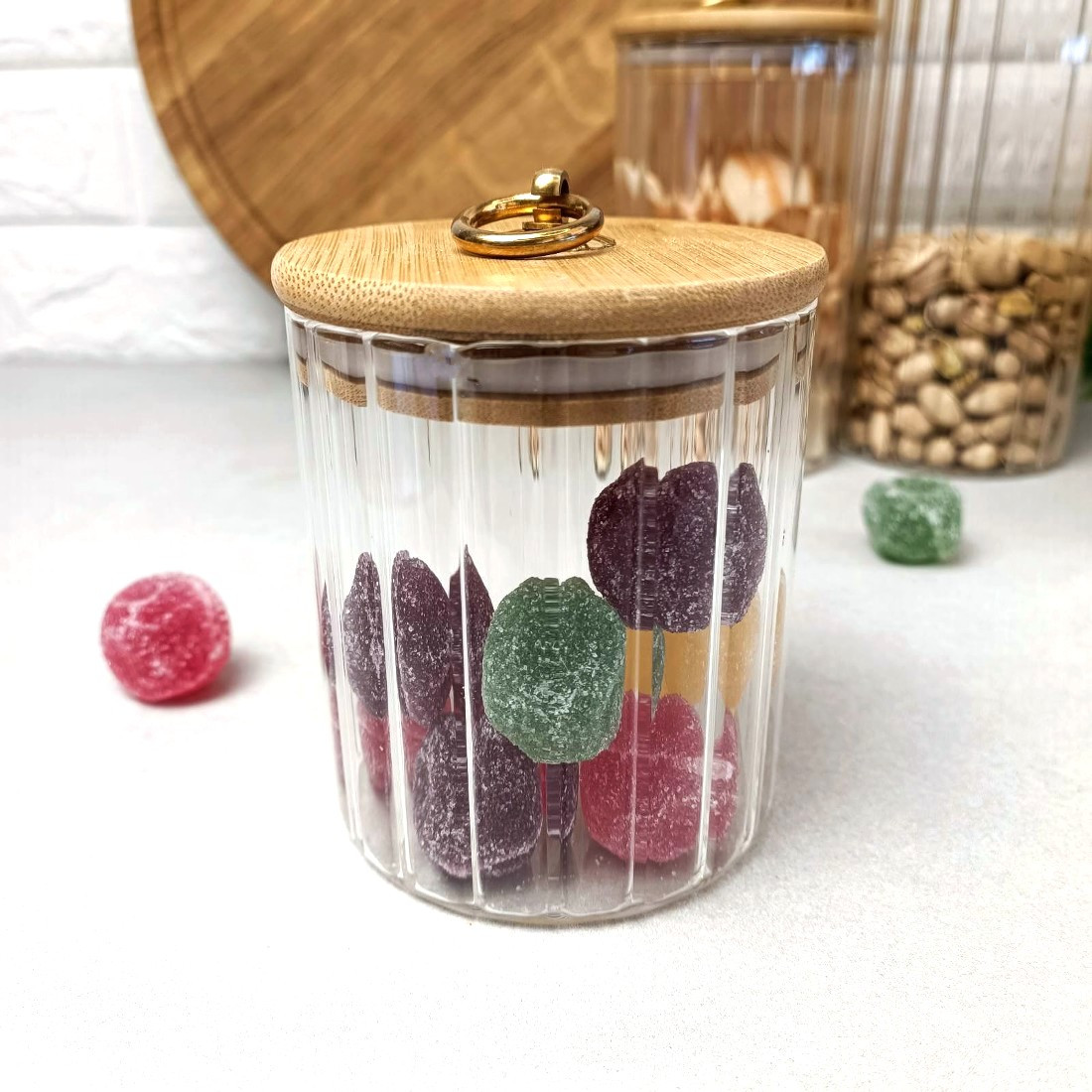 Скляна банка 550мл з бамбуковою кришкою з кільцем Wave, фото 1