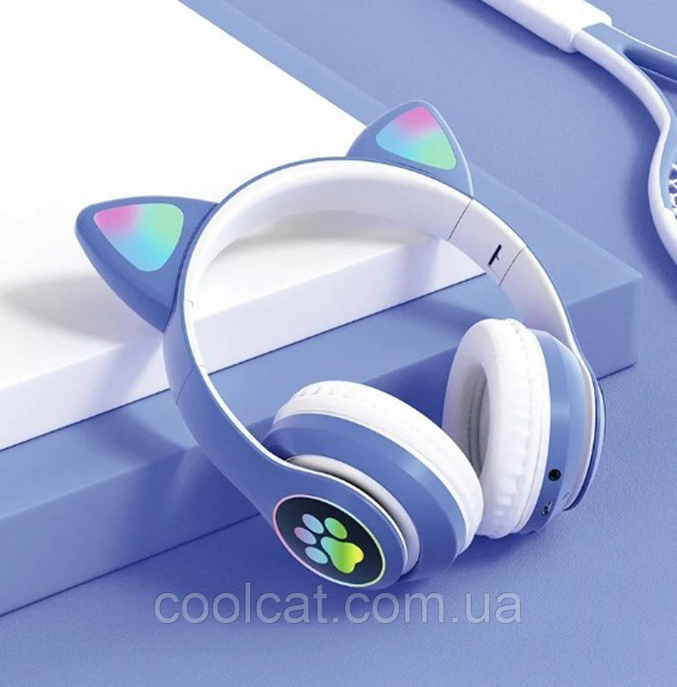Бездротові навушники Bluetooth з вушками VZV-23M на 400 mah, Сині / Дитячі накладні навушники з підсвічуванням