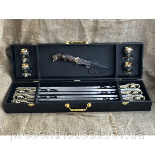 Комплект шампурів ручної роботи на подарунок "Гранд" у кейсі зі шкірозамінника., фото 1