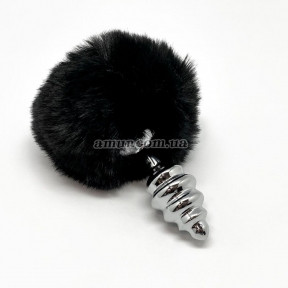 Металева анальна пробка Alive Fluffly Twist Plug, S, з чорним хвостом