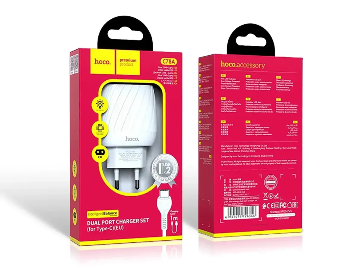 Зарядний пристрій 220В 2,4А 10,5Вт 5В USBx2 з кабелем USB - Type-c Hoco C78A Max Energy 120шт 8125, фото 1