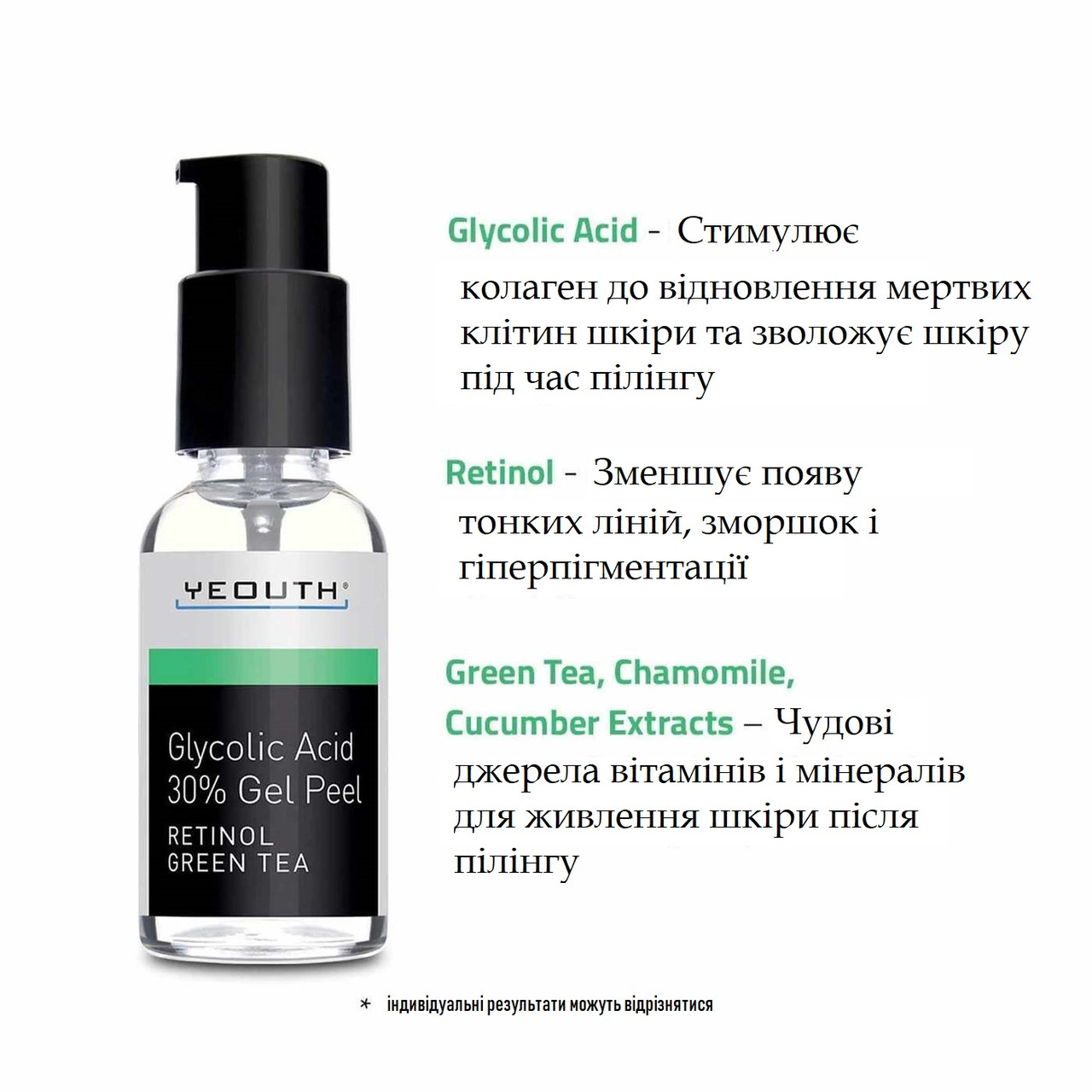 Пілінг з гліколієвою кислотою 30%, ретинолом та зеленим чаєм Yeouth Glycolic Acid 30% Gel Peel Retinol Green Tea 30 мл