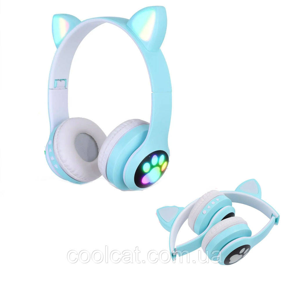 Бездротові навушники Bluetooth з вушками VZV-23M на 400 mah, Блакитні / Дитячі накладні навушники з підсвічуванням