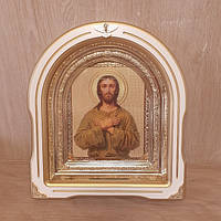 Икона Алексий человек Божий святой, лик 15х18 см, в белом дерев киоте со вставками, арка